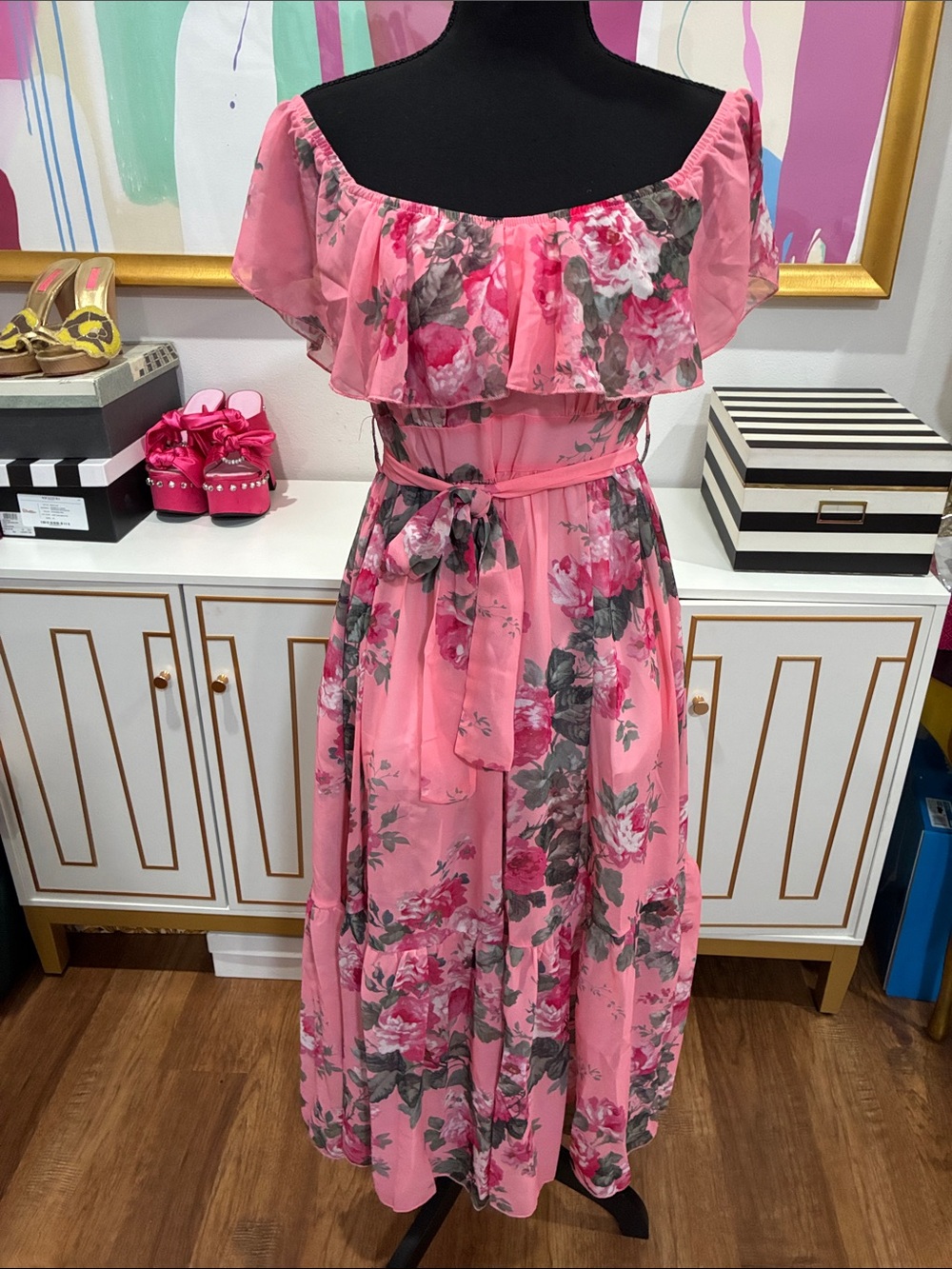 Pink Floral Off-Shoulder Dress with Belt